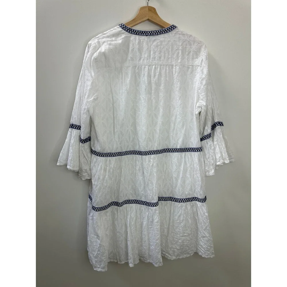 Tommy Bahama Cotton Clip Embroidered Tiered Cover Up Dress White & Blue Large - Picture 8 of 11